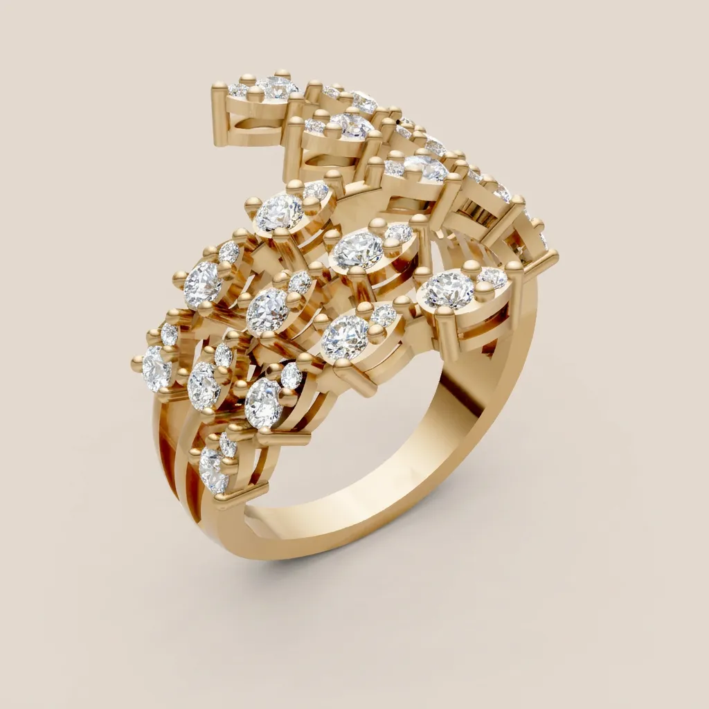 Mixed-Cut Diamond Scatter Multi-Row Cocktail Ring R00989 — 18K gold ring by RUT GOLD