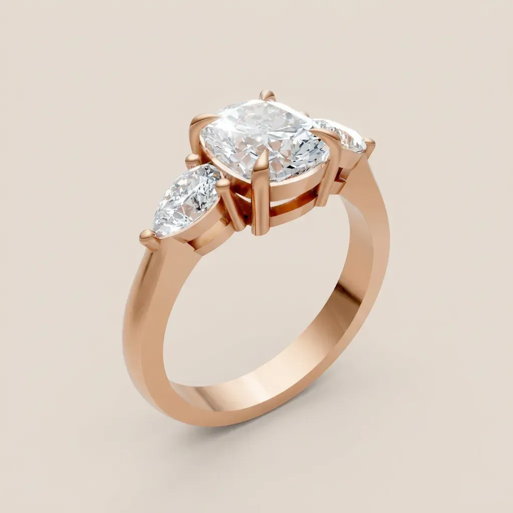 Cushion & Pear Three-Stone Diamond Ring — 18K gold ring by RUT GOLD — view 4