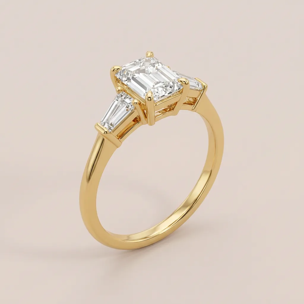 Emerald Cut Diamond Three-Stone Ring with Tapered Baguettes — 18K gold ring by RUT GOLD