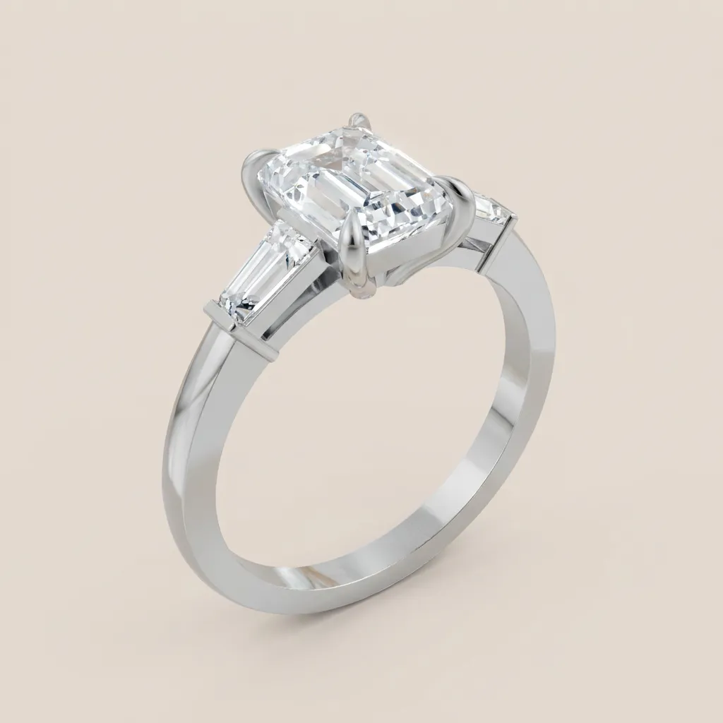 Emerald Cut Diamond Three-Stone Ring with Tapered Baguettes — 18K gold ring by RUT GOLD