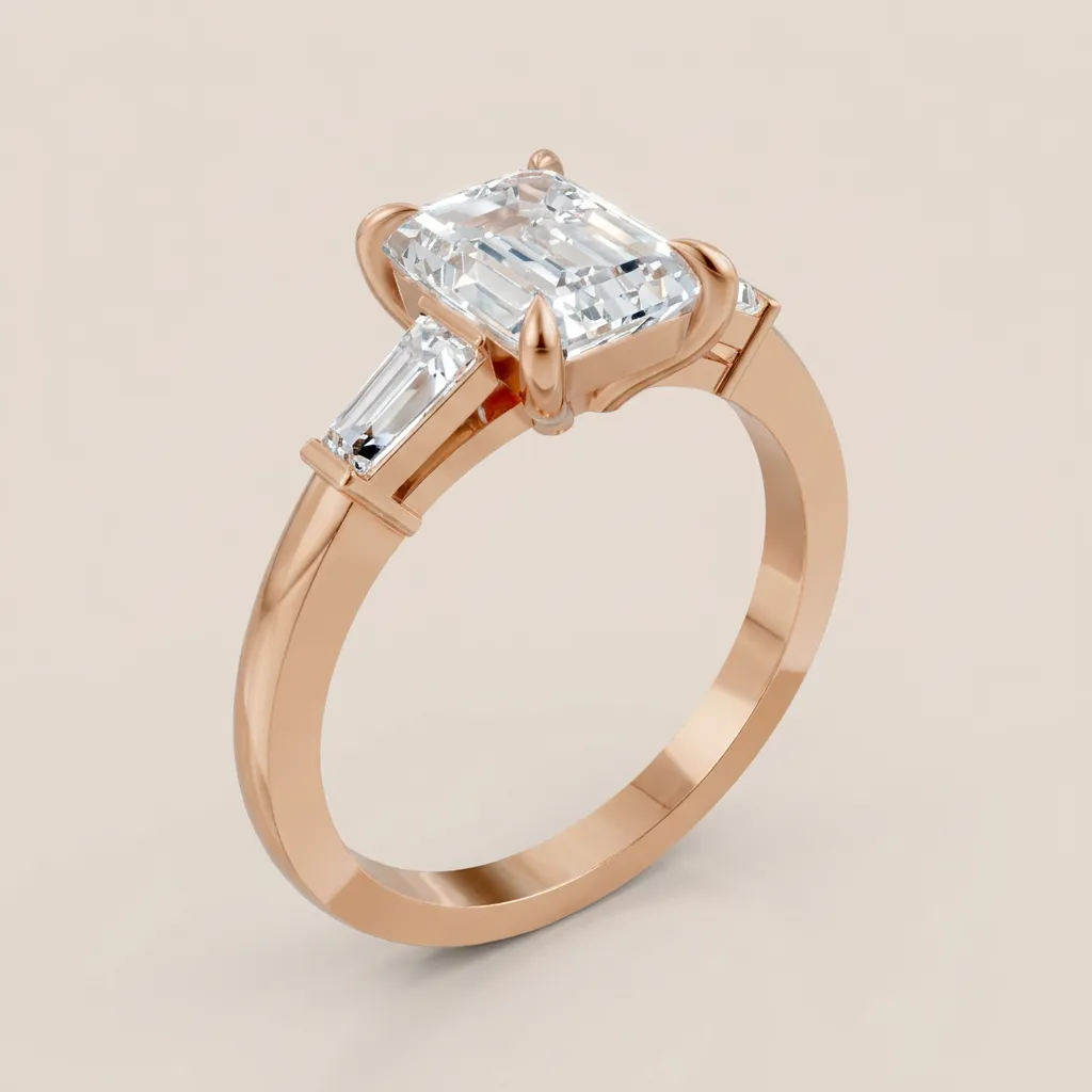 Emerald Cut Diamond Three-Stone Ring with Tapered Baguettes — 18K gold ring by RUT GOLD — view 4