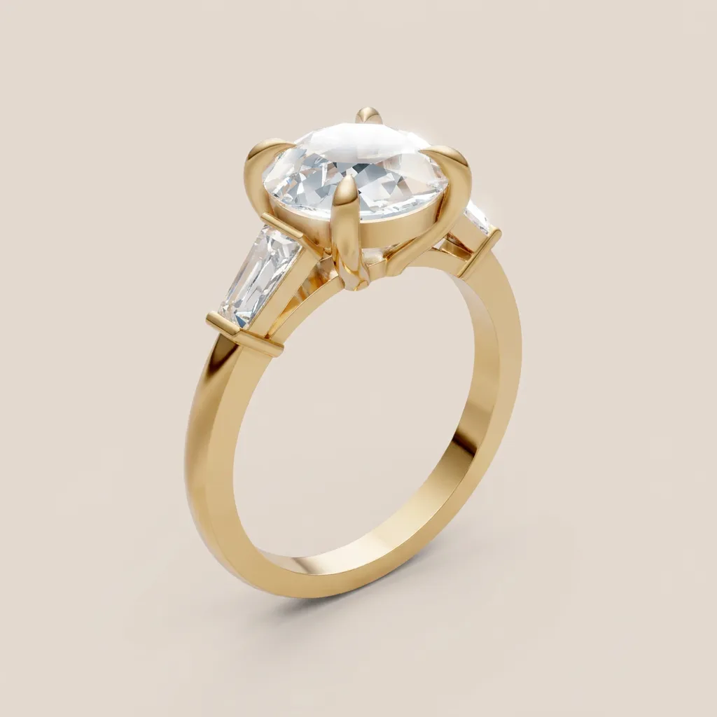 Round Diamond Three-Stone Ring with Tapered Baguettes — 18K gold ring by RUT GOLD