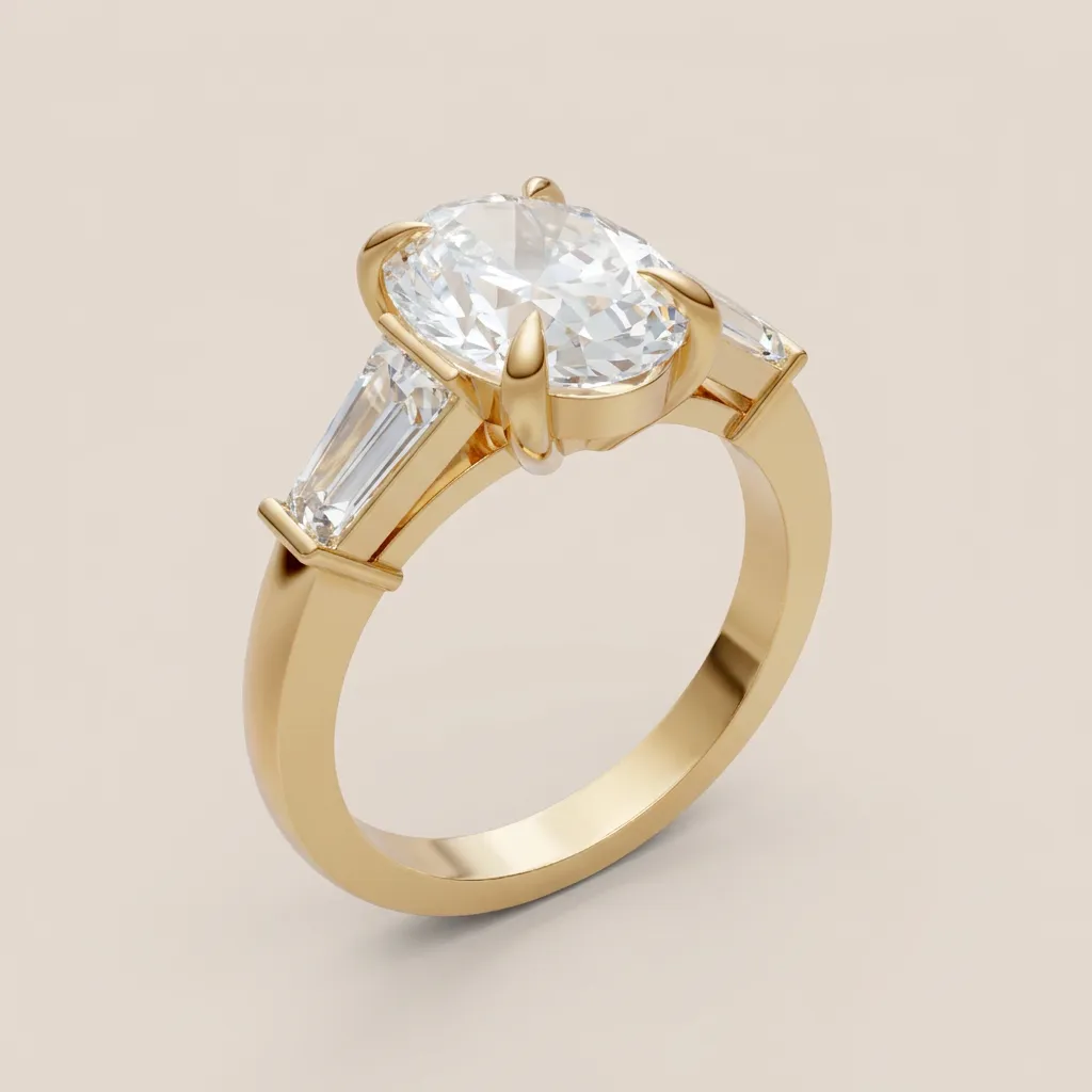Oval Diamond Three-Stone Ring with Tapered Baguettes — 18K gold ring by RUT GOLD