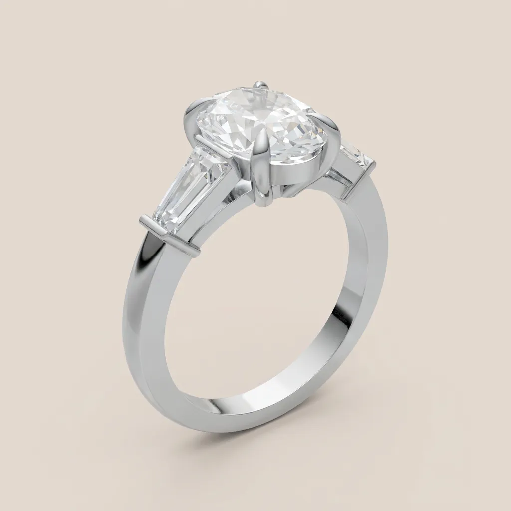 Oval Diamond Three-Stone Ring with Tapered Baguettes — 18K gold ring by RUT GOLD — view 3