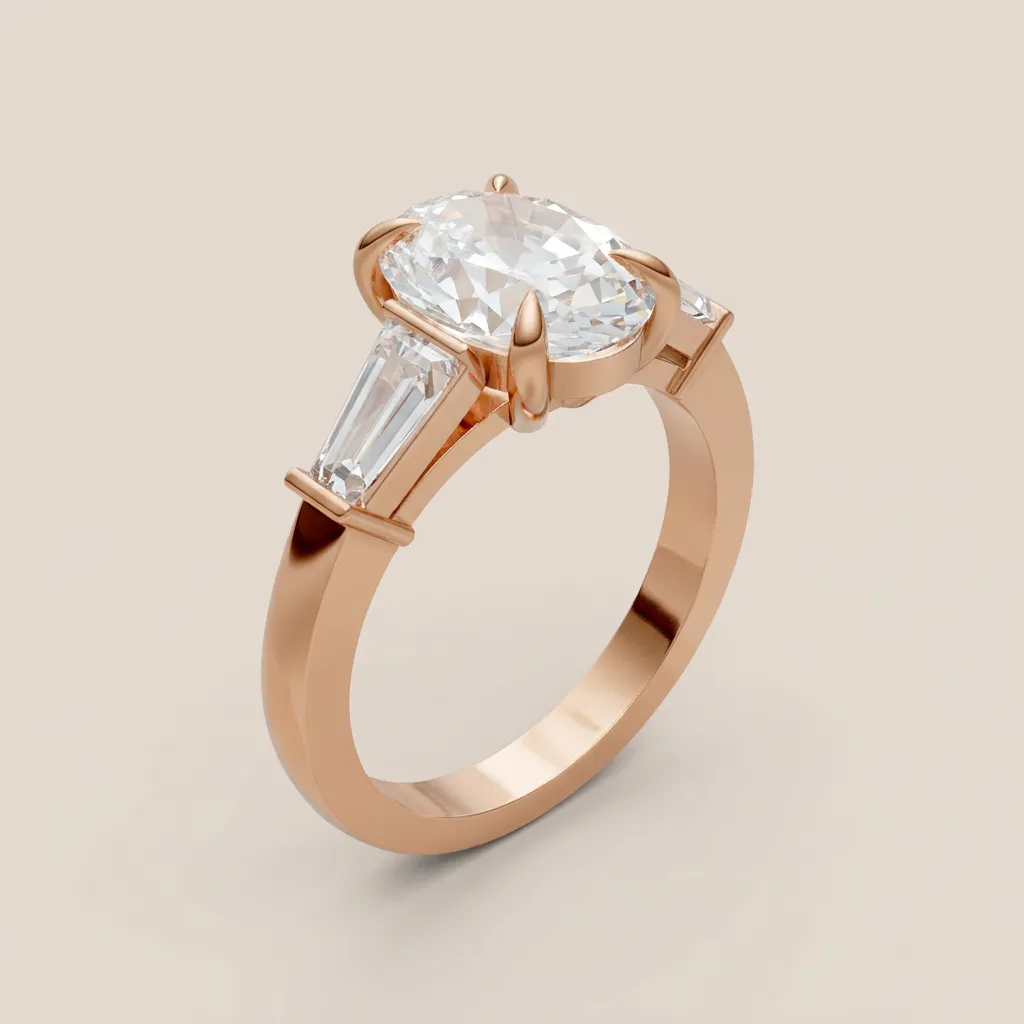 Oval Diamond Three-Stone Ring with Tapered Baguettes — 18K gold ring by RUT GOLD — view 4