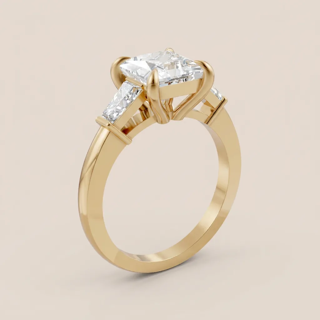Radiant Cut Diamond Three-Stone Ring with Tapered Baguettes — 18K gold ring by RUT GOLD