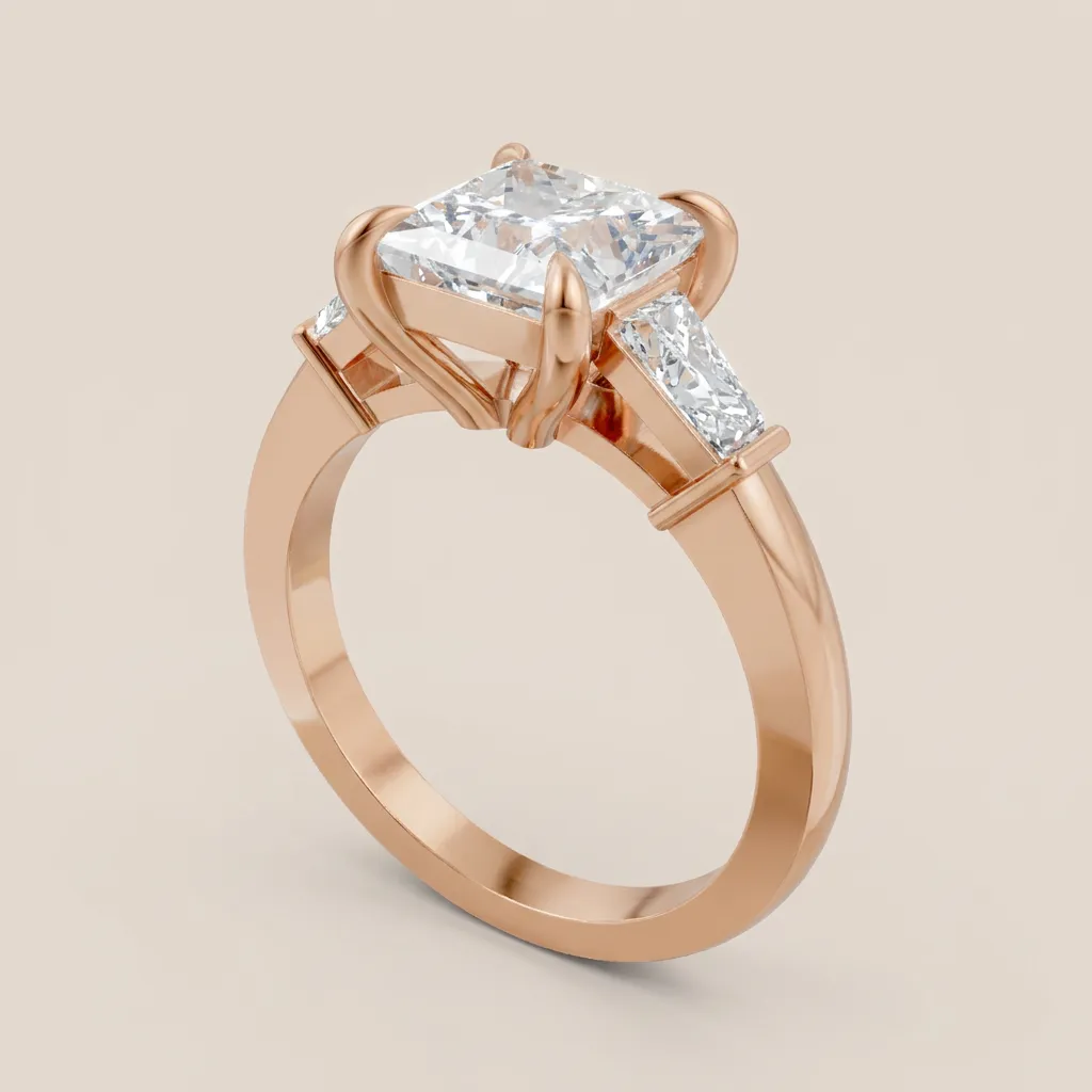 Radiant Cut Diamond Three-Stone Ring with Tapered Baguettes — 18K gold ring by RUT GOLD — view 3