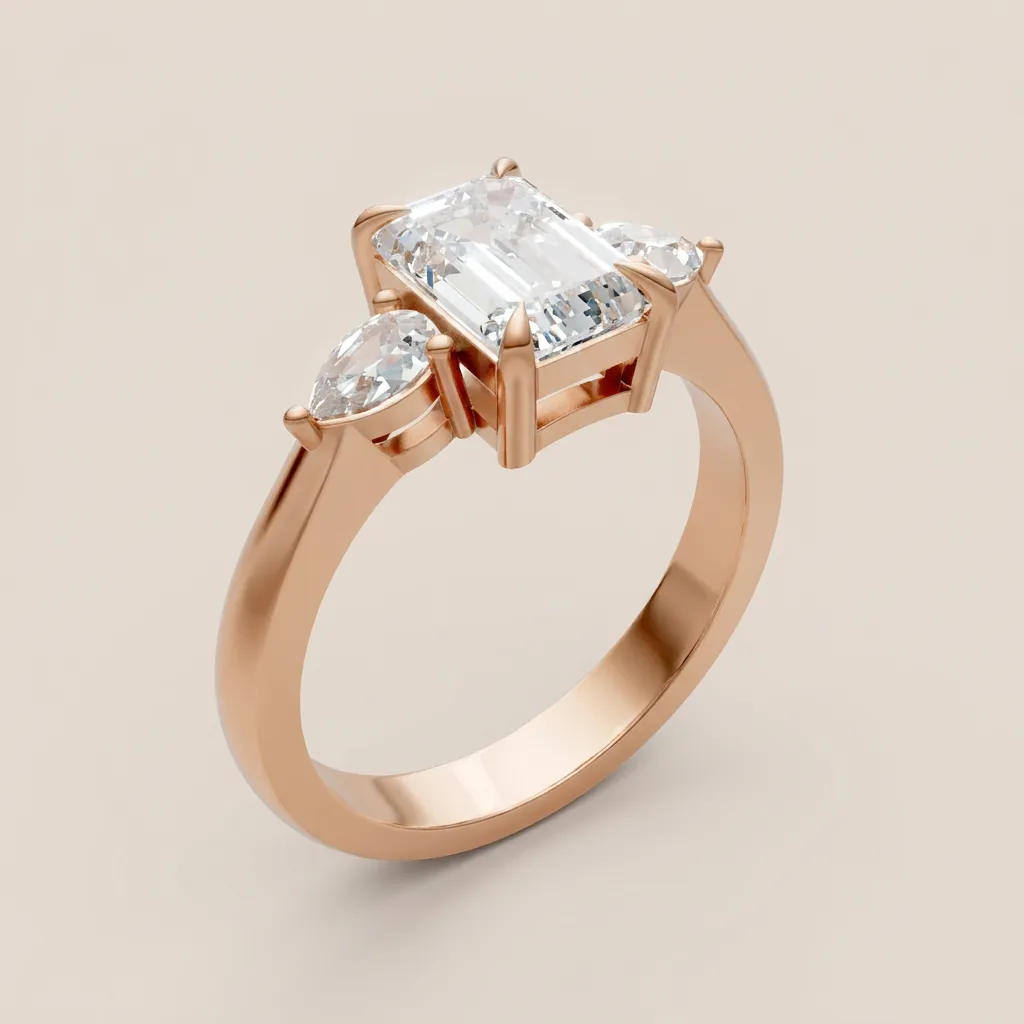 Emerald Cut & Marquise Three-Stone Diamond Ring — 18K gold ring by RUT GOLD — view 4