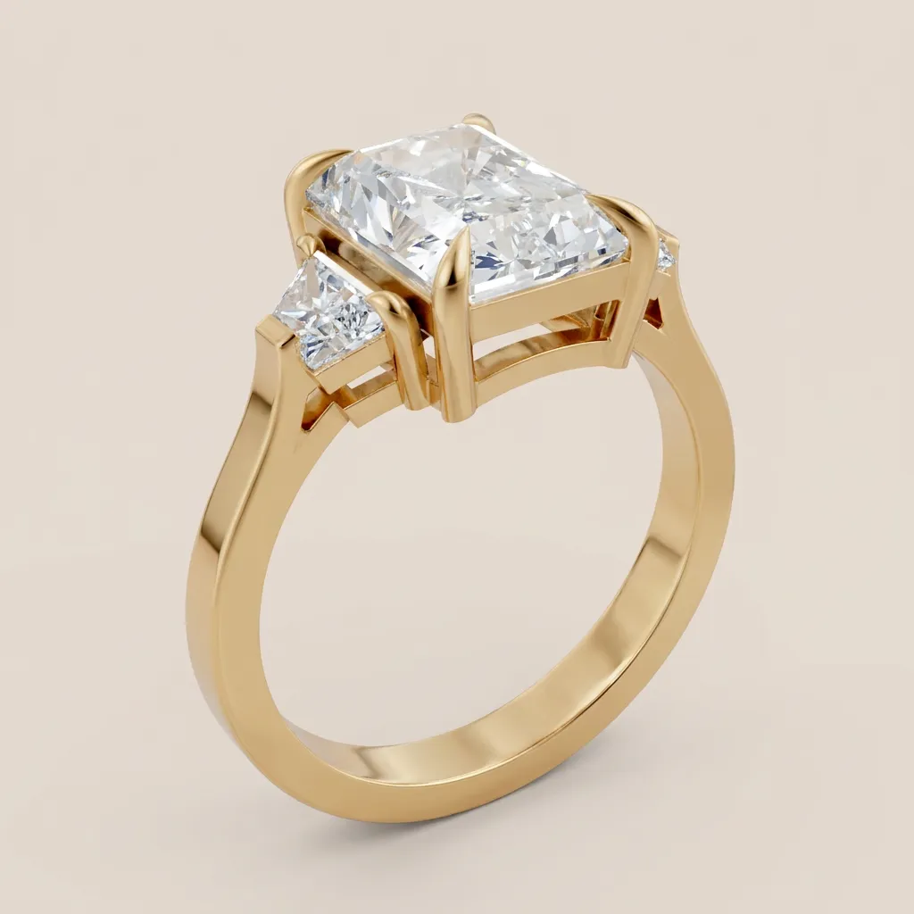 Radiant Cut Diamond Three-Stone Ring with Trapezoid Side Stones — 18K gold ring by RUT GOLD
