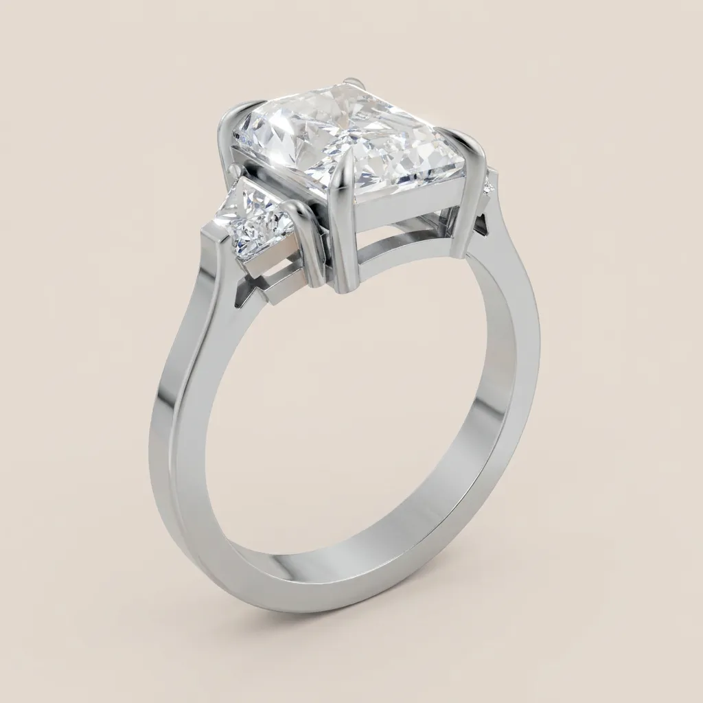 Radiant Cut Diamond Three-Stone Ring with Trapezoid Side Stones — 18K gold ring by RUT GOLD — view 3