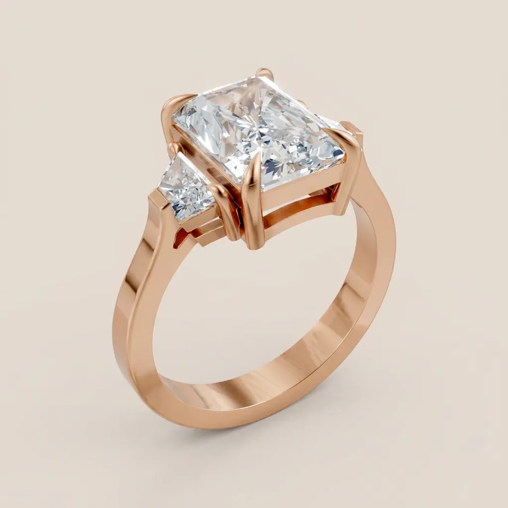 Radiant Cut Diamond Three-Stone Ring with Trapezoid Side Stones — 18K gold ring by RUT GOLD — view 4